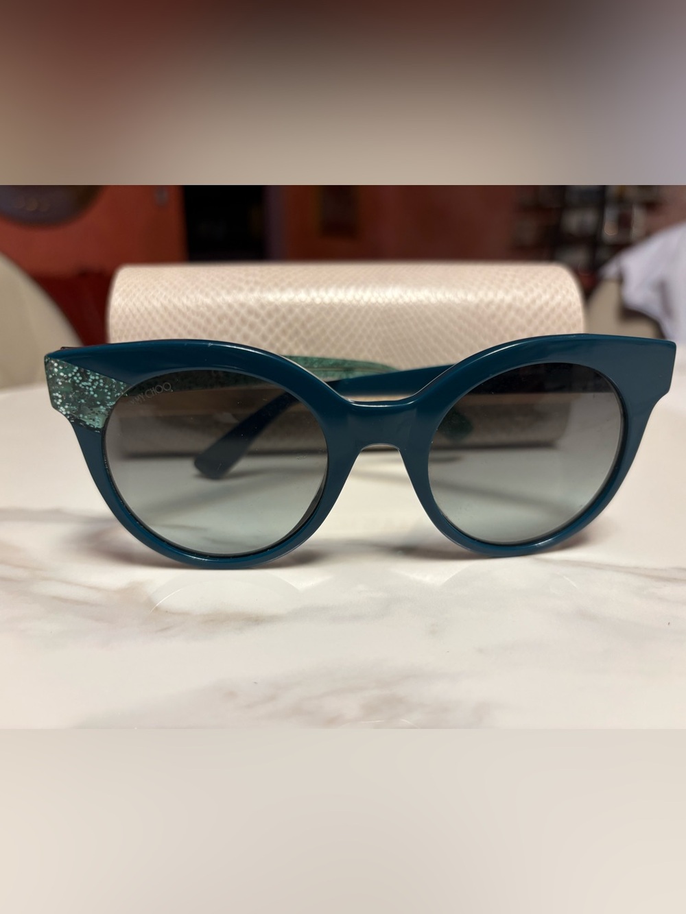 Authentic Jimmy Choo MIRTA/S Sunglasses in Teal with Glitter Temple Accents